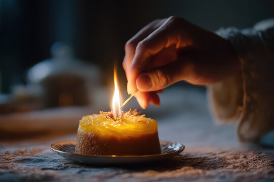 delicate hand lighting a candle on isolated background