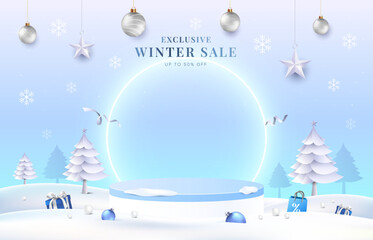 Glowing winter sale concept with podium, pastel color mood and snow background. Vector template for product display, greeting cards, promotion banner.