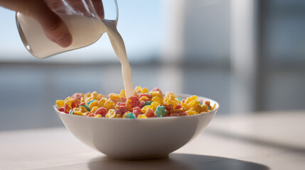 hand pouring colorful breakfast cereal isolated on white background