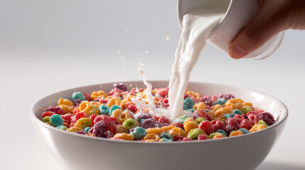 hand pouring colorful breakfast cereal isolated on white background