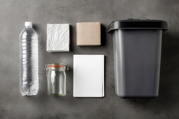 Assorted recyclables and trash bin