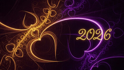 Glowing 2026 new year celebration with abstract fractal hearts