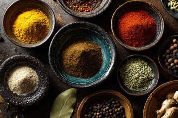 Assorted spices in small bowls on a rustic surface