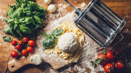 Fresh pasta ingredients on wooden table