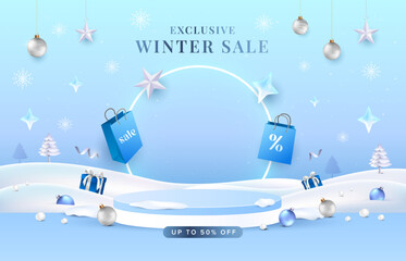 Neon light blue winter sale idea with podium, shopping bag and snow background. Vector template for product display, greeting cards, promotion banner.