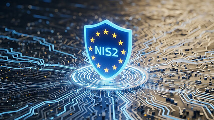 Digital Shield with EU Stars and NIS2 Label on Circuit Board Background