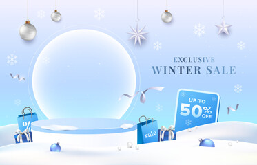 Clean light blue winter sale promo with podium, Christmas ball and snow background. Vector template for product display, greeting cards, promotion banner.