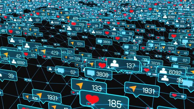 User network with online activities, post, likes, emails, social media followers. Privacy, internet, security, computer crime. 3D animation