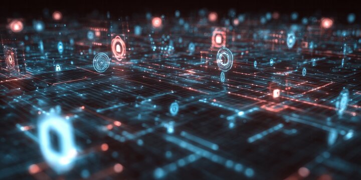 Abstract digital network surface glows with illuminated data pathways and security icons
