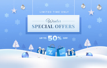 Clean blue winter sale concept with shopping bag, gift and snow background. Vector template for product display, greeting cards, promotion banner.