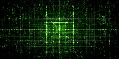 Digital grid structure illuminates a dark background with intense green light beams
