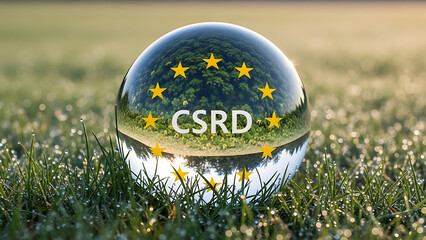 A crystal ball on green grass reflecting corporate sustainability and environmental directives