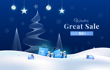 Abstract blue line art winter sale concept with shopping bag, gift and snow background. Vector template for product display, greeting cards, promotion banner.