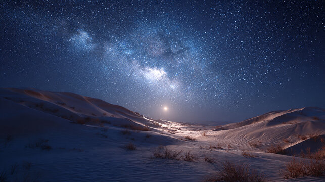 Stunning night sky over a snow-covered landscape, with a full moon and the Milky Way visible.