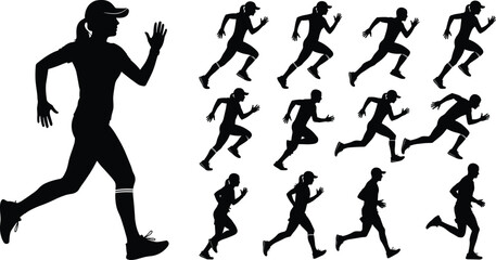 Silhouette runners in multiple motion poses showing athletic sprinting, jogging, fitness training, dynamic movement sequence, active sports exercise