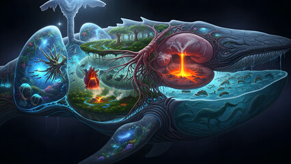 Fantasy Ecosystem within a Whale: Surreal World, Nature, Conservation, and Abstract Animal Art