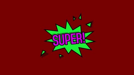Comic-style illustration of a green starburst with the word SUPER! in pink