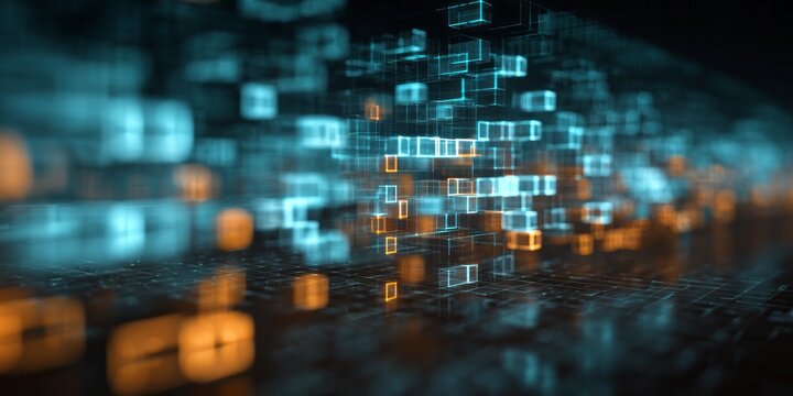 Glowing digital cubes form an abstract, interconnected structure in a dark environment