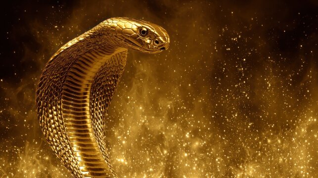 A regal golden cobra in a stylized, shimmering golden haze, posing with majestic presence - Powered by Adobe