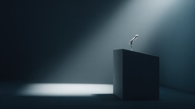 Spotlighted Podium With Microphone Stands Alone On Empty Stage In Minimal Lighting At A Conference
