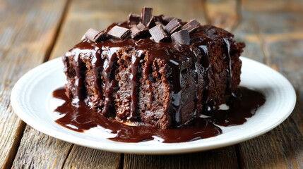 A rich slice of chocolate cake on a white plate, drizzled with glossy chocolate sauce