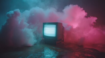 A retro CRT television enveloped by vibrant, illuminated smoke, creating a surreal and atmospheric scene