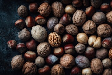 Assorted nuts clustered on dark surface