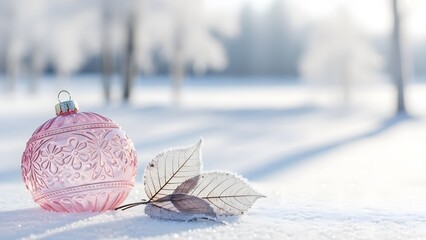 Pink ornate glass Christmas bauble and delicate frosted leaves resting on fresh sparkling snow for festive holiday season concept and elegant winter background, with copy space