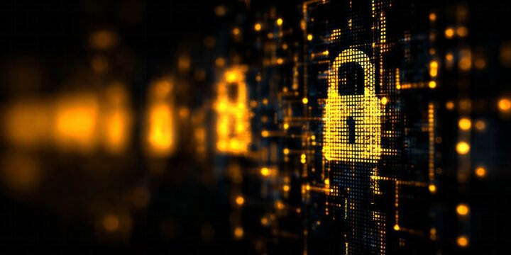 Glowing digital security symbols illuminate a dark technological background