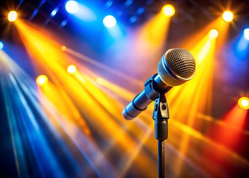 vocal microphone on stand with colorful stage lights backdrop