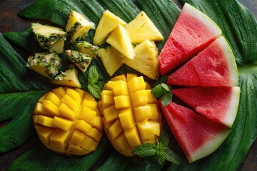 Tropical fruit slices arranged on large green leaf