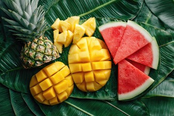 Tropical fruit slices on banana leaves