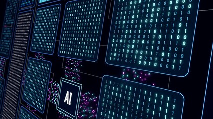 Futuristic AI artificial intelligence system, deep learning, big data, machine learning. Data processing, Technology, science, analyzing, connection, data stream, binary code. 3D animation - Powered by Adobe