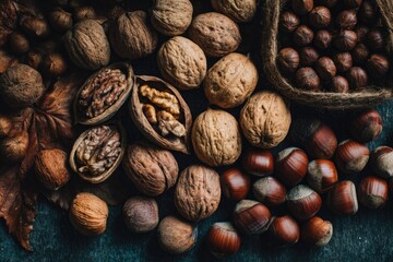 Assorted nuts and seeds on dark surface