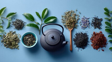 Assorted loose leaf teas and herbs arranged with teapot