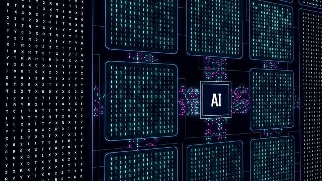 AI unit, artificial intelligence, data stream, deep learning, big data, binary code, machine learning. Technology, data processing, science,  analyzing, connection, data stream. 3D animation