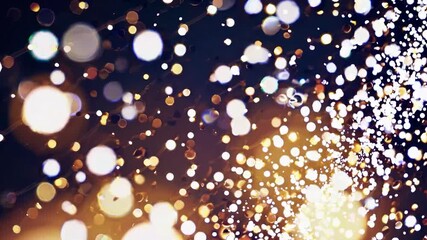 Golden and white bokeh lights with shimmering particles gently drifting and sparkling on a rich, cozy backdrop, evoking a joyous and enchanting holiday ambiance