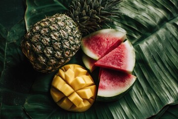 Tropical fruit platter on banana leaves