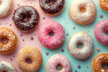 Colorful donuts arranged on a pink and light blue background