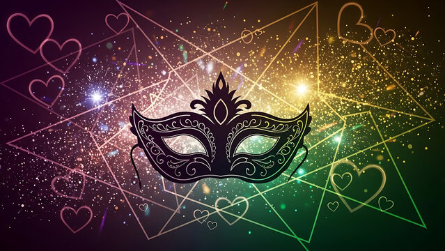 Mysterious masquerade mask with cosmic hearts and geometric patterns - Powered by Adobe