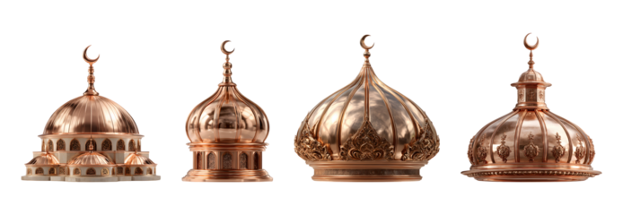 Four detailed copper mosque domes with minarets and intricate arabesque patterns, reflecting light beautifully, 3D render