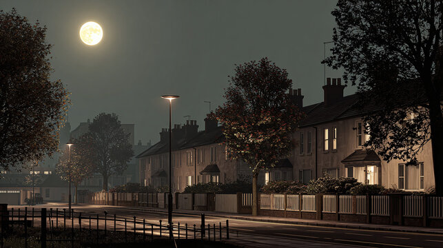 A serene moonlit night illuminates a quiet residential street, with houses and trees. A street lamp casts a soft glow on the road. The moon is full and shining in the sky