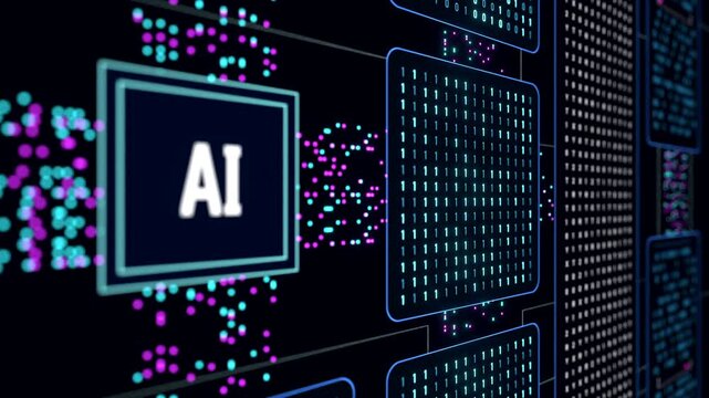 Close up AI unit, artificial intelligence, data stream, deep learning, big data, binary code, machine learning. Technology, science,  analyzing, connection, data stream. 3D animation
