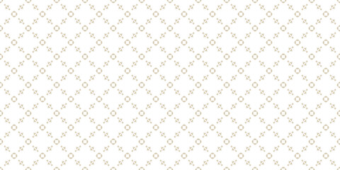 Vector golden minimalist seamless pattern. Elegant white and gold geometric background, ornamental texture with lattice, floral shapes, delicate mesh, grid. Repeated design for decor, print, wallpaper