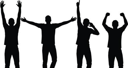 Silhouettes of a man celebrating in various excited poses, victory gesture, motivation, success expression, enthusiasm, energetic movement