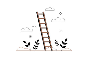 Illustration of a wooden ladder reaching towards clouds and stars in the sky