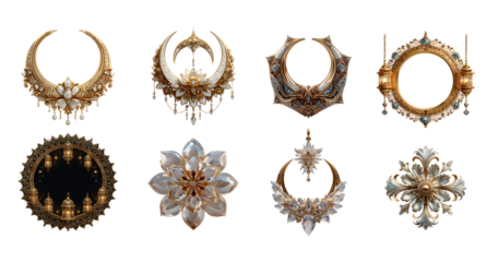 Elegant collection of Islamic design elements including crescent moons, ornate frames, and floral motifs rendered in gold and white on transparent background