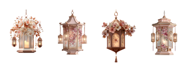 Set of four intricately designed lanterns, some adorned with delicate flowers, featuring warm glowing light, suitable for festive and spiritual occasions