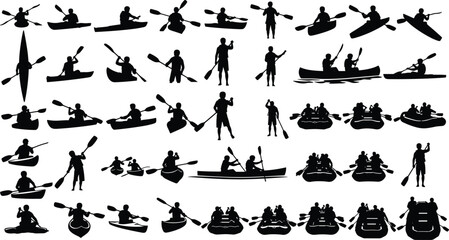Naklejka premium Water sport silhouette illustration set, kayaking canoeing rafting poses, black vector, outdoor adventure, paddling activity, river artwork