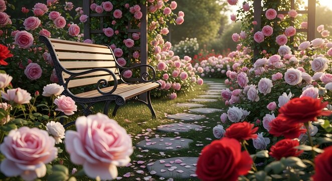 A serene garden path lined with vibrant rose bushes, and a bench invites peaceful relaxation
